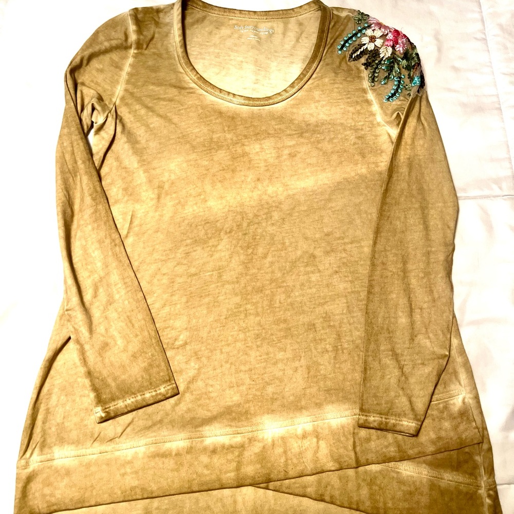Soft Surroundings Gold Long-Sleeve Tee with Floral Embroidered Shoulder-XS
